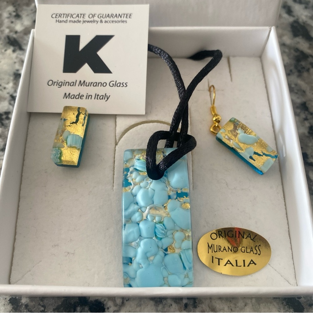 Blue and Gold BNIB Necklace and Earring Set Murano Glass Italy